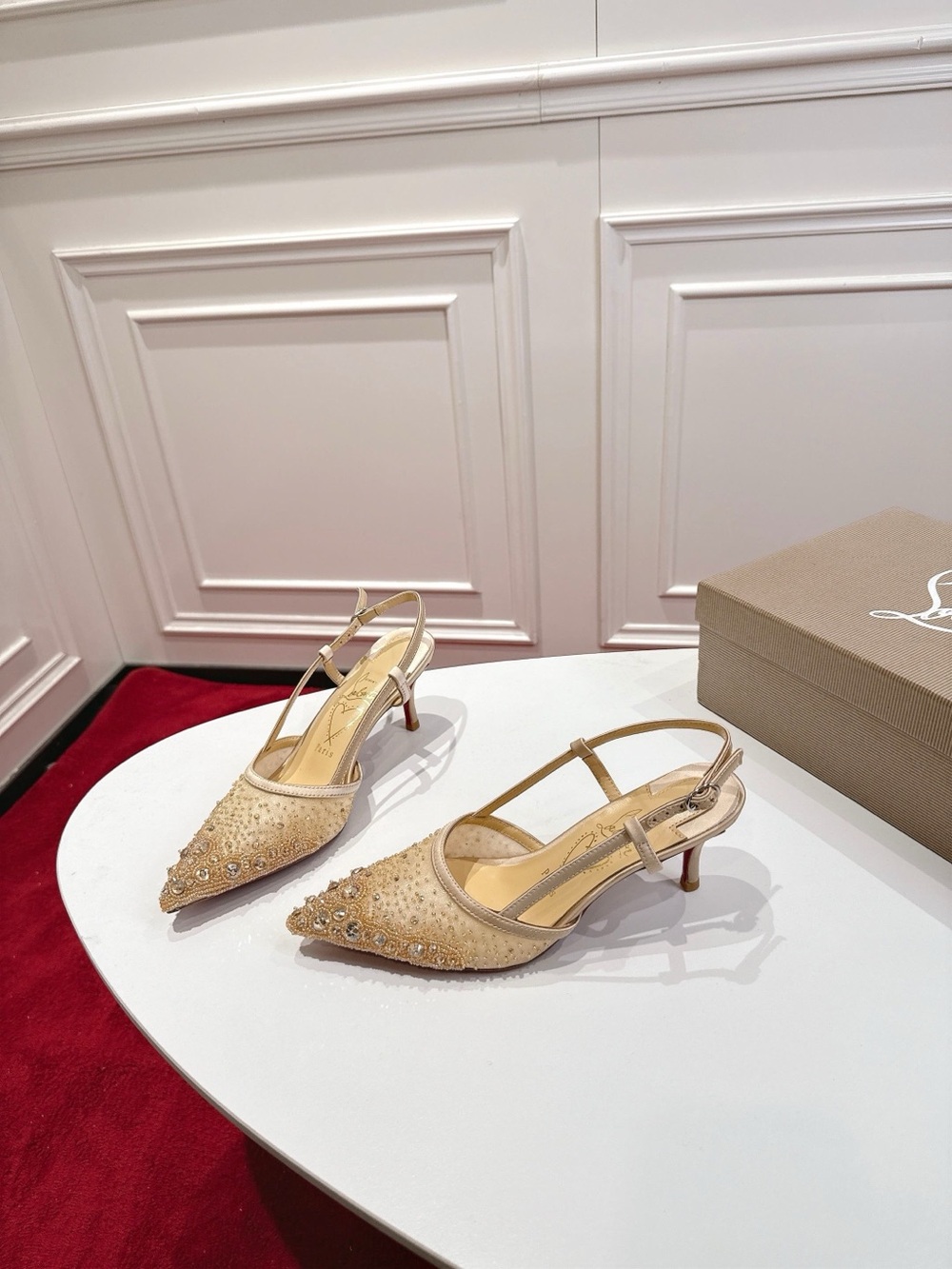 Christian Louboutin Beige Crystal-Embellished Pointed Slingback Heels
